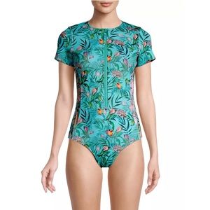 NWT Johnny Was Teal Neoprene Jungle Print Wet Suit Swimsuit Medium